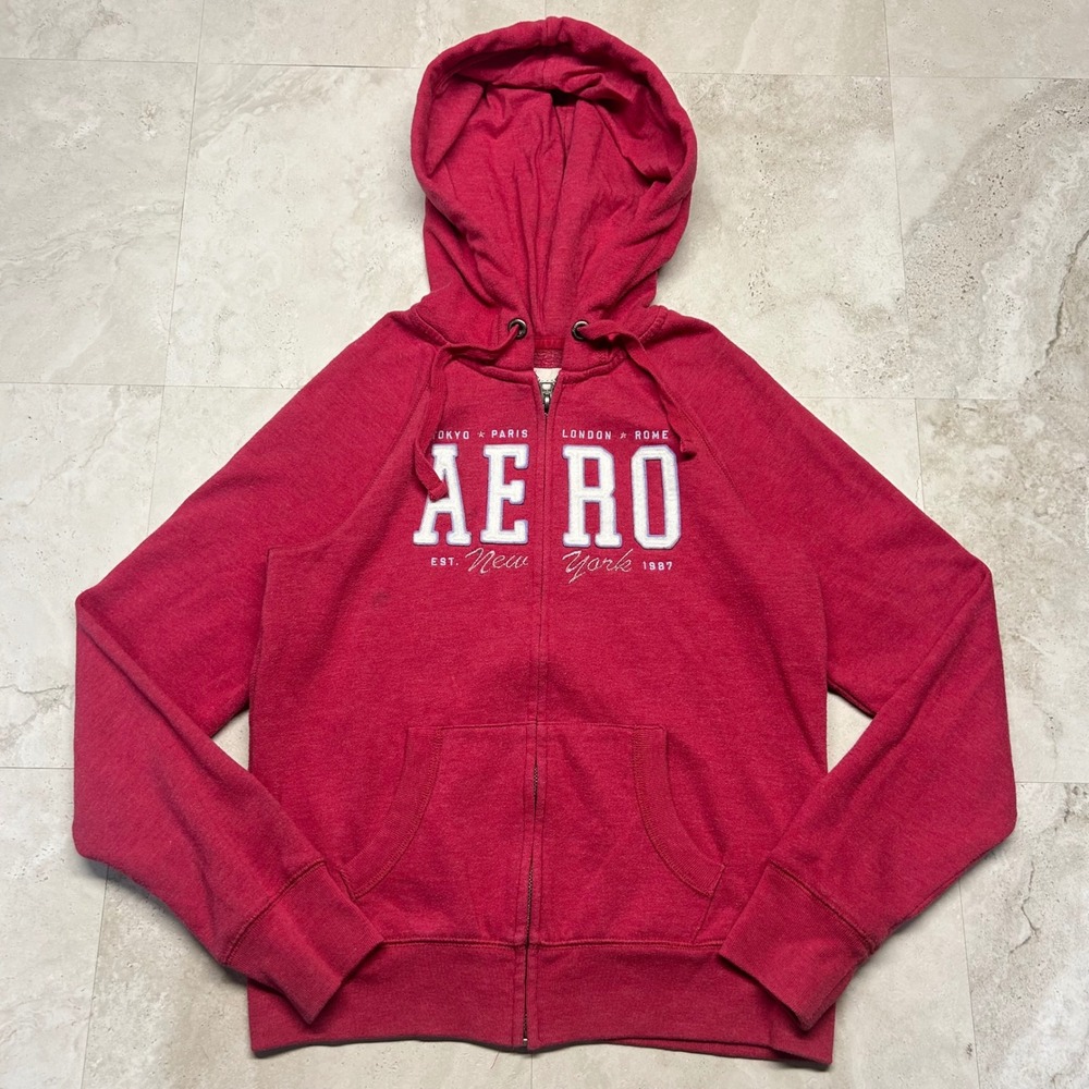 Aeropostale Zip Up Hoodie Red Womens XS AE RO Graphic Fleece Sweatshirt
